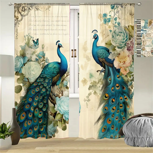 2Pcs Elegant Peacock Curtains Blue Vintage Floral Pattern Living Room Bedroom Office Sunshade Country Style Decor Curtains